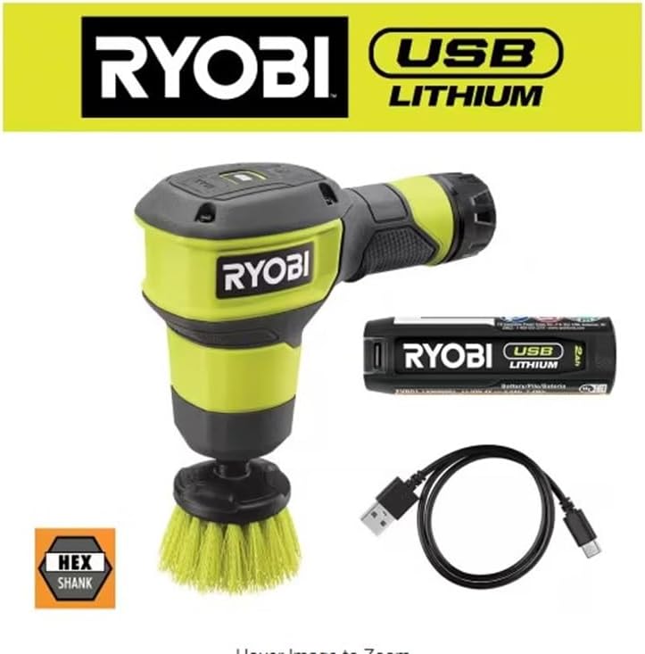 Ryobi USB Lithium Compact Scrubber Kit with 2.0 Ah Battery, USB Charging Cord, and 2 in. Medium Bristle Brush, Green - Image 2